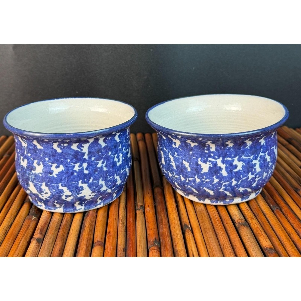 2‎ Signed Studio Pottery Bowls Apple Baker or Ring & Trinkets Blue Spongeware